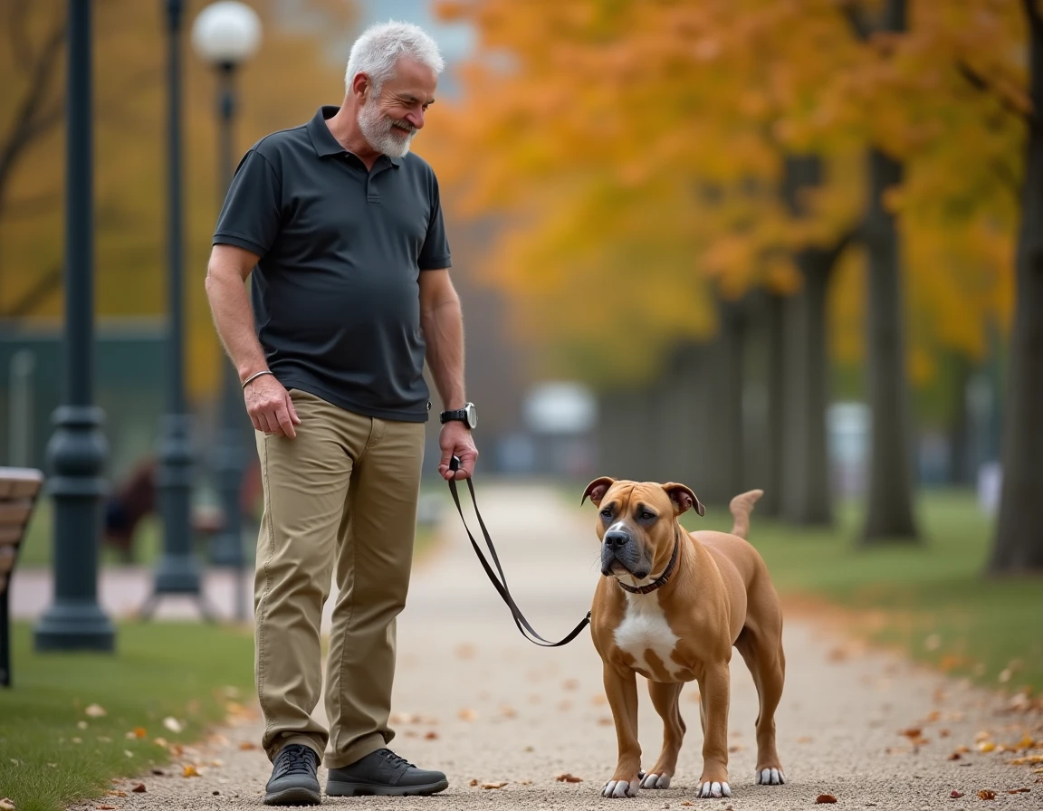 Homme et son Pocket American Bully champagne en laisse dans un parc urbain en automne