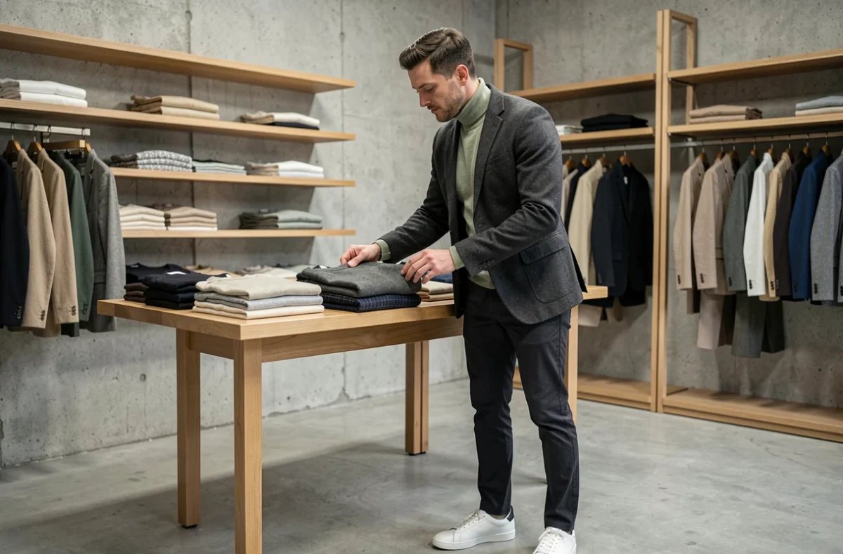Homme stylé en blazer gris et col roulé sage dans un concept store minimaliste, conseils mode masculine tendance