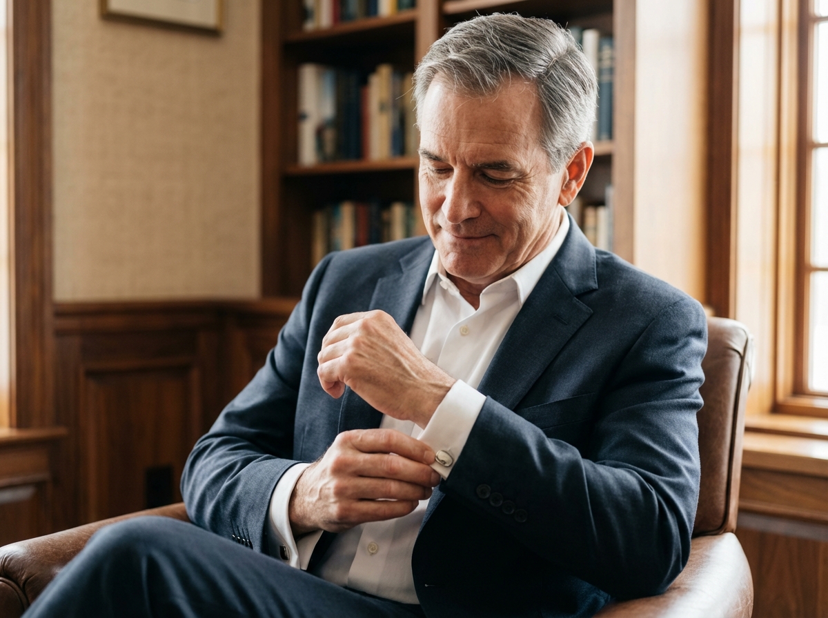 Homme d age ajustant une manchette en argent vintage