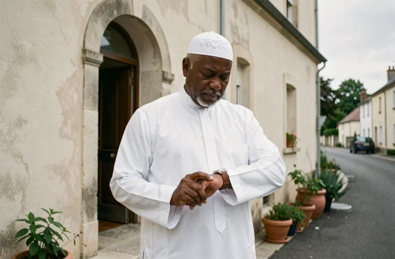 Homme en tenue traditionnelle vérifiant l'heure de la salat du vendredi devant une mosquée à Bezons