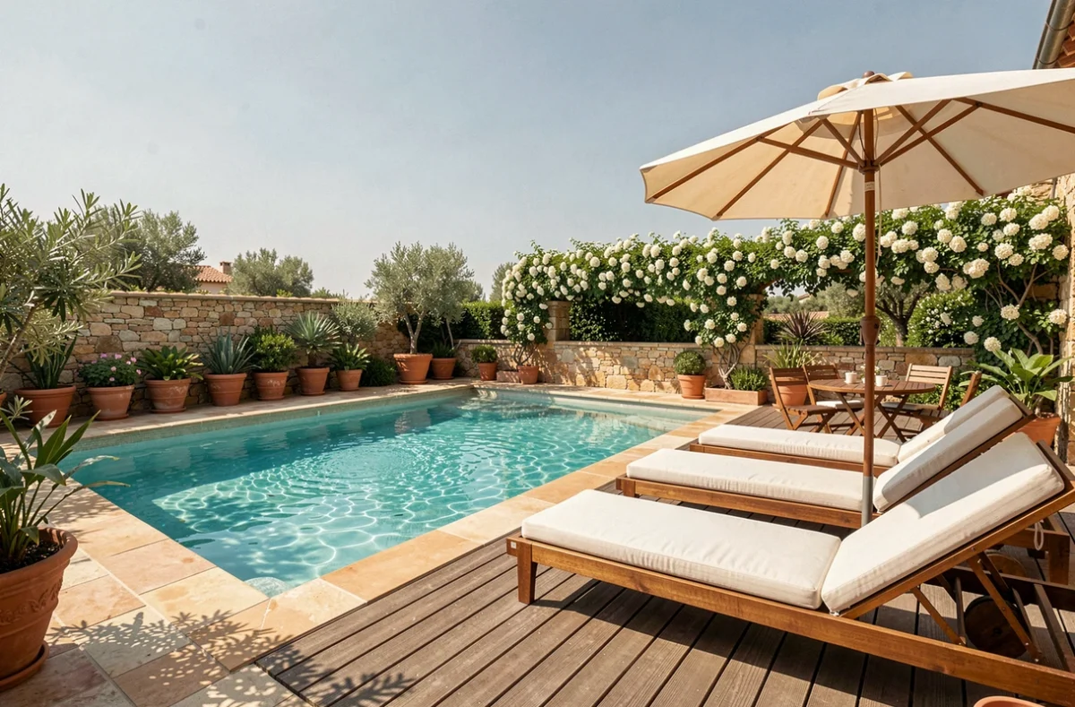 Espace piscine extérieur luxueux avec plage en bois, chaises longues et végétation méditerranéenne