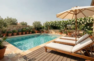 Espace piscine extérieur luxueux avec plage en bois, chaises longues et végétation méditerranéenne