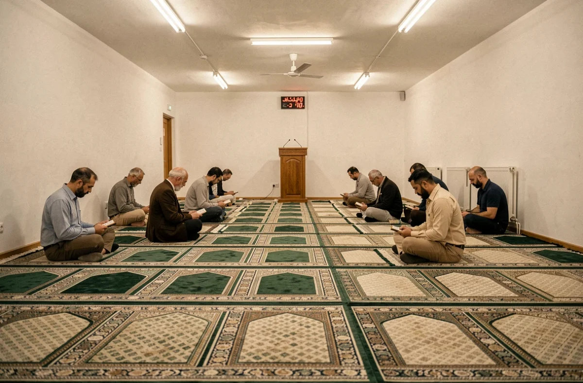 Intérieur d'une salle de prière à Bezons avec tapis alignés avant la salat du vendredi