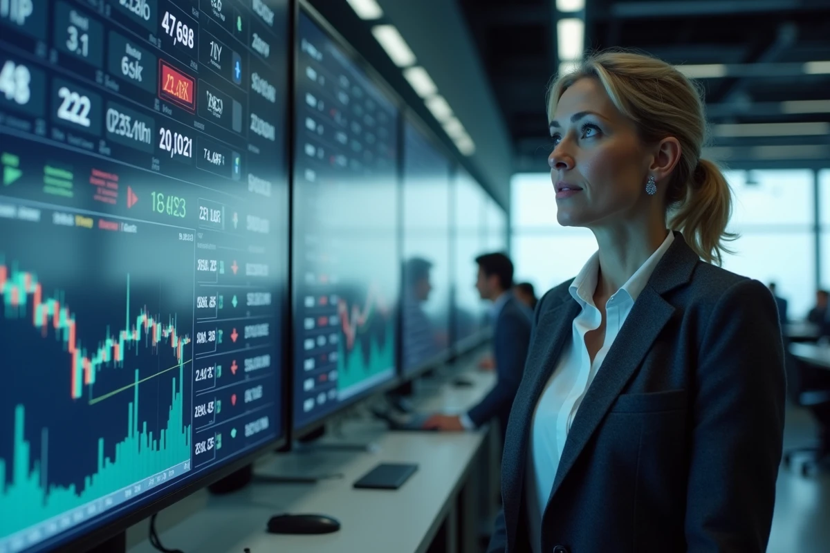 Femme d'affaires analysant les données boursières du secteur énergétique devant un tableau de cotations, symbolisant les investisseurs institutionnels de TotalEnergies