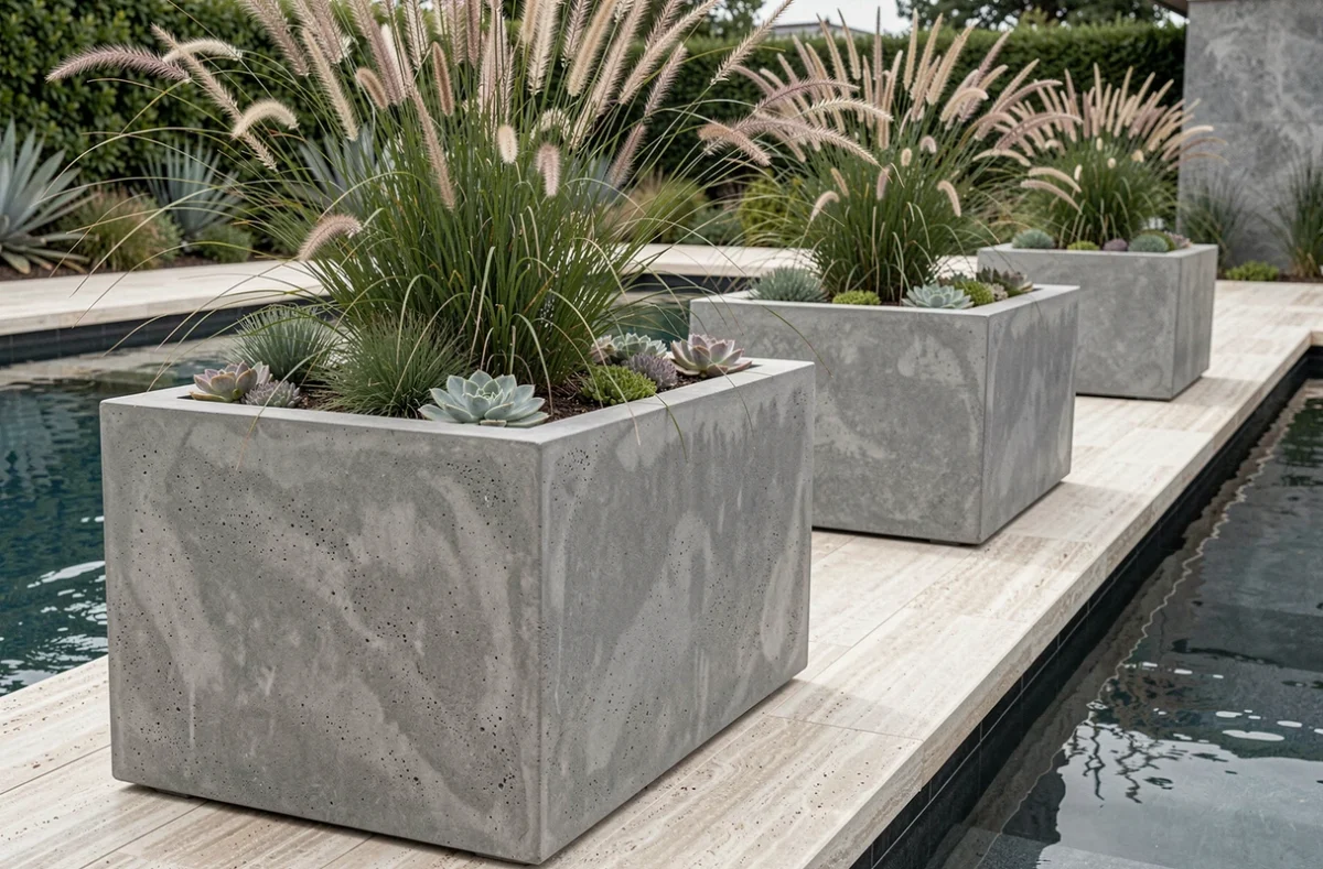 Jardinières en béton fibré gris disposées en rythme le long de la plage d'une piscine moderne