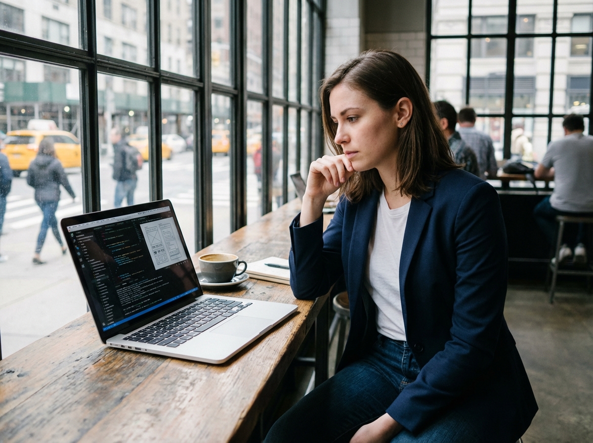Jeune entrepreneure réfléchissant dans un café urbain