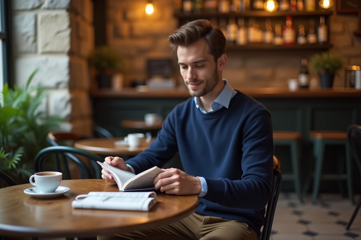 Jeune homme lisant dans un bistro parisien authentique avec décor en pierre et carrelage vintage