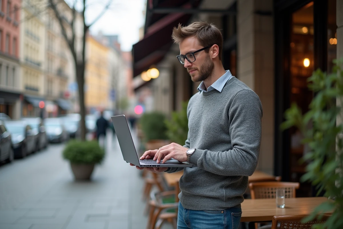 Jeune homme travaillant sur un ordinateur en extérieur