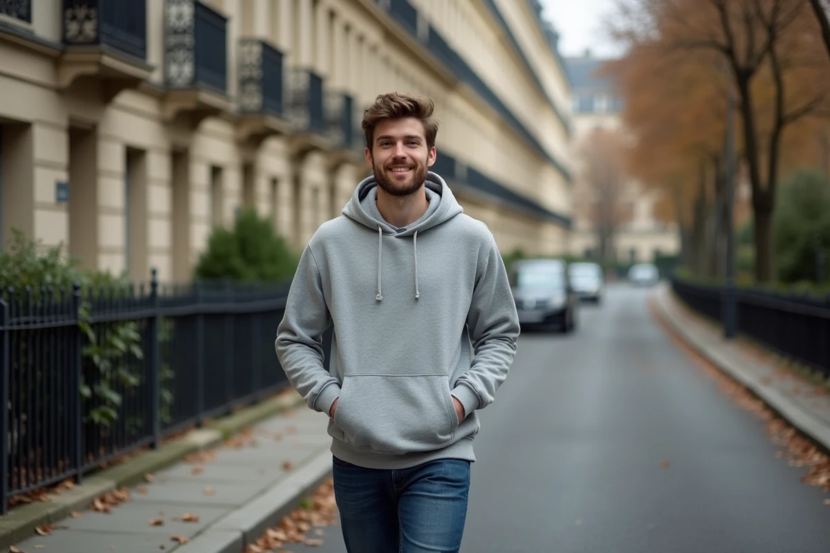 Jeune homme se promenant dans une rue résidentielle parisienne bordée d'arbres en automne