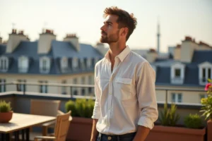 Jeune homme adulte sur une terrasse parisienne avec vue sur les toits haussmanniens, ambiance urbaine moderne