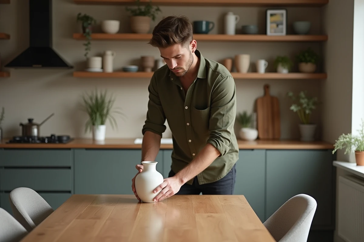Jeune homme posant un vase en céramique sur une table à manger scandinave