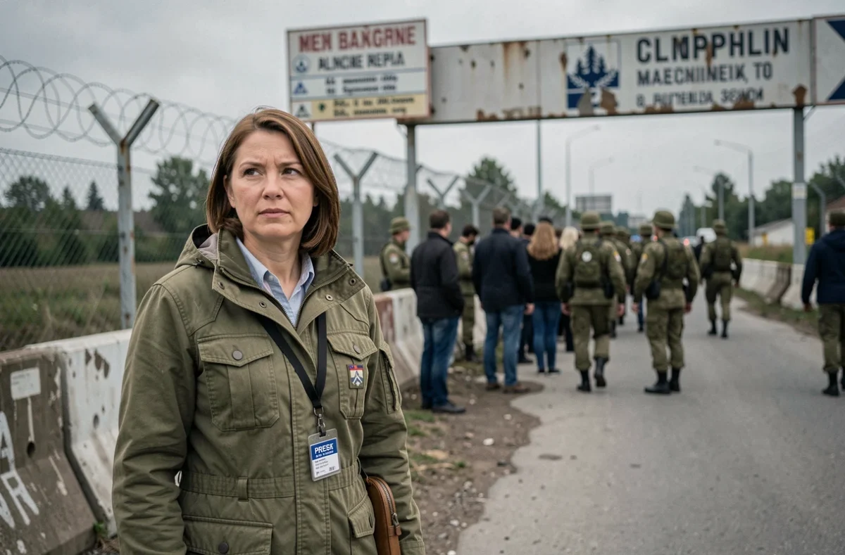 Journaliste de terrain à un poste frontière européen illustrant les tensions géopolitiques internationales contemporaines
