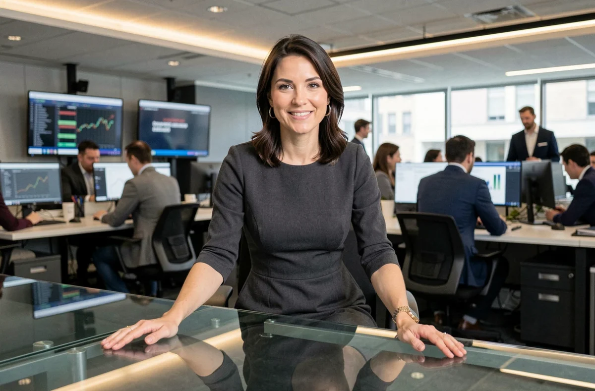 Femme journaliste assise dans une salle de rédaction moderne, exprimant professionnalisme et dynamisme médiatique
