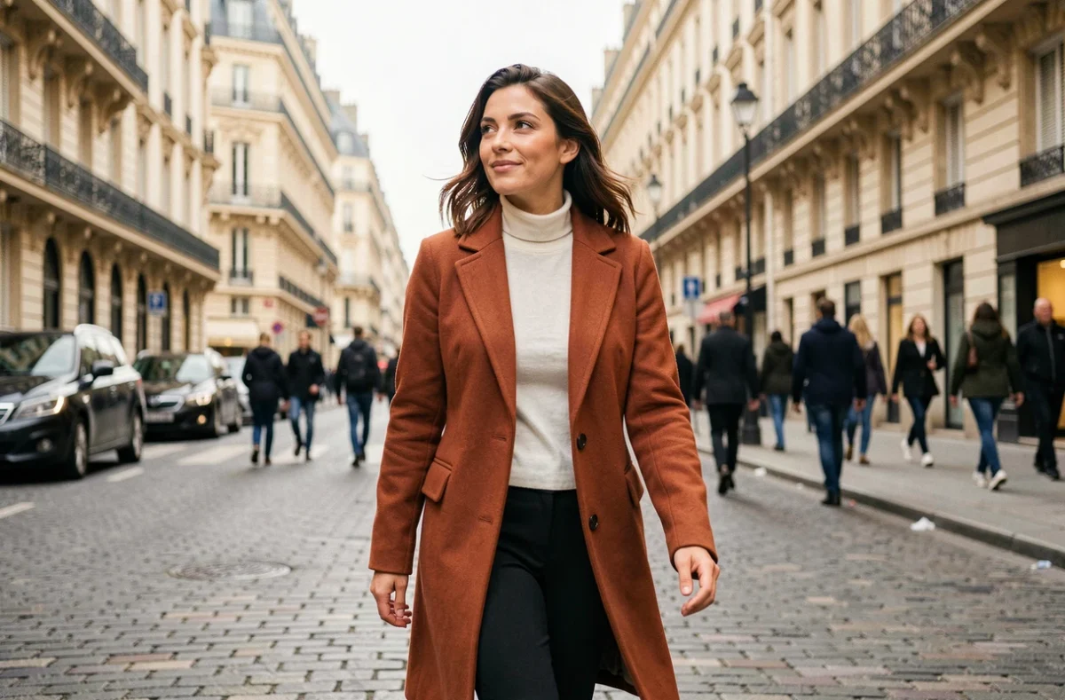 Personnalité médiatique marchant dans les rues de Paris avec assurance, style éditorial urbain contemporain