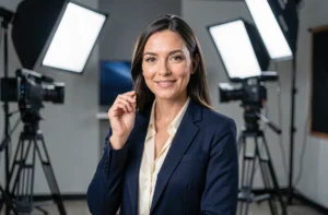 Julie Jardon, personnalité médiatique, en studio de tournage avec un blazer marine, regard assuré face caméra
