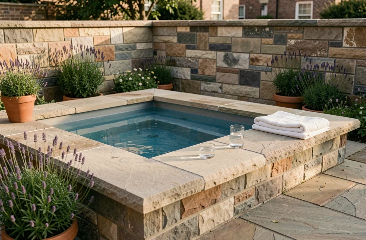 Mini-piscine compacte avec margelle intégrée en pierre dans un petit jardin urbain pavé