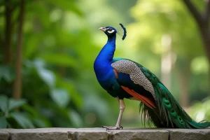 Paon mâle en pleine parade vocale, plumage irisé déployé sur un mur de pierre dans un jardin botanique