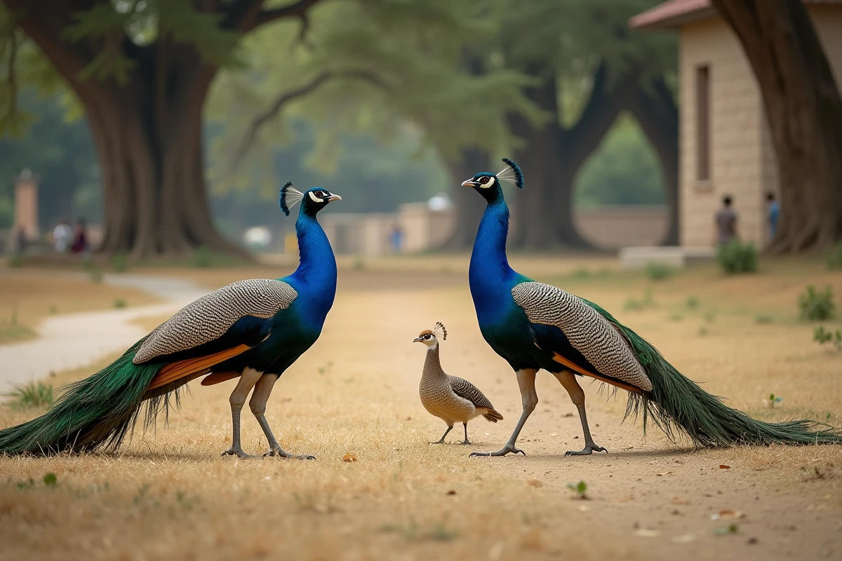 Paon mâle criant face à une femelle dans un parc naturel avec chênes et allée en gravier