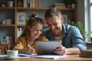 Père et fille assis à un bureau moderne dans un cadre chaleureux