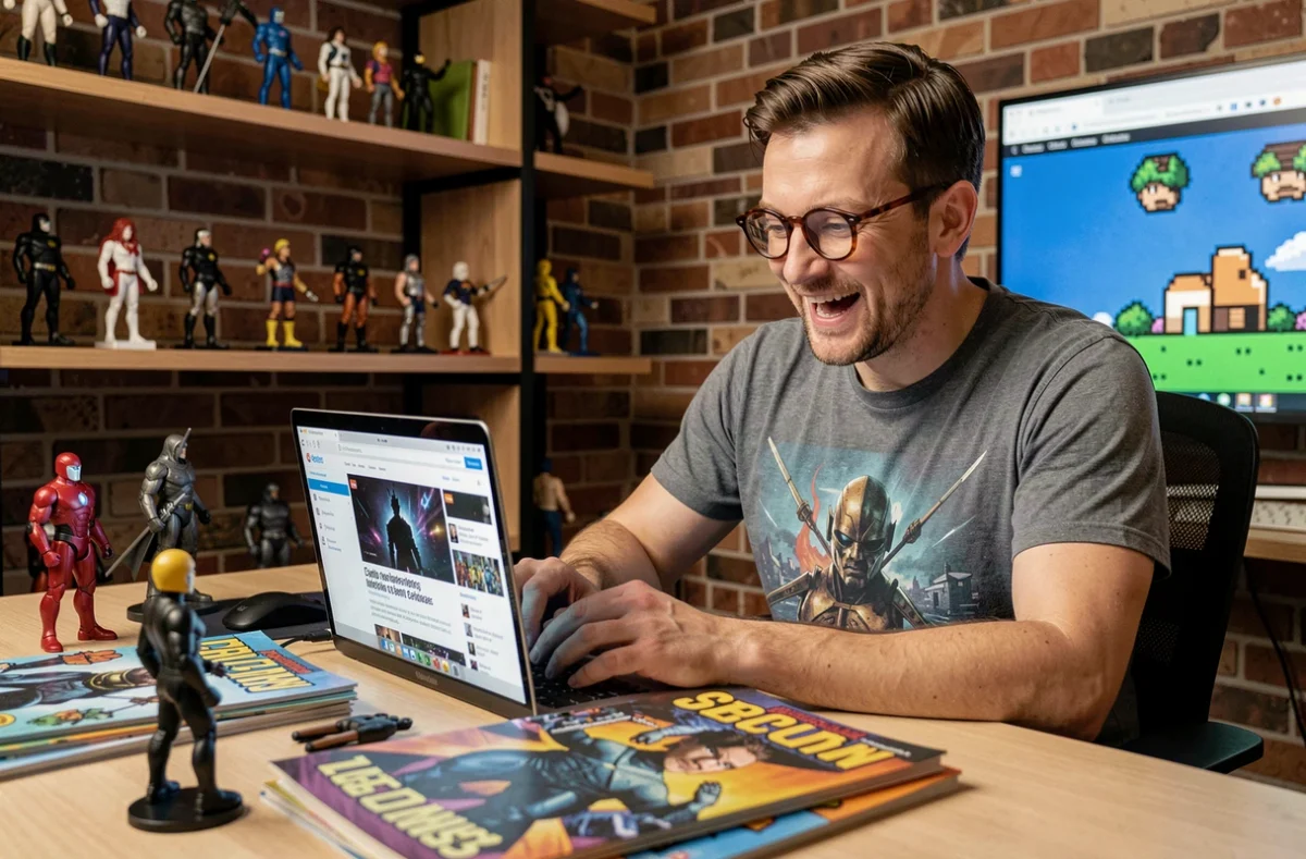 Passionné de geek culture découvrant le retour du site 123Geekos sur son laptop dans un bureau décoré de figurines et de comics