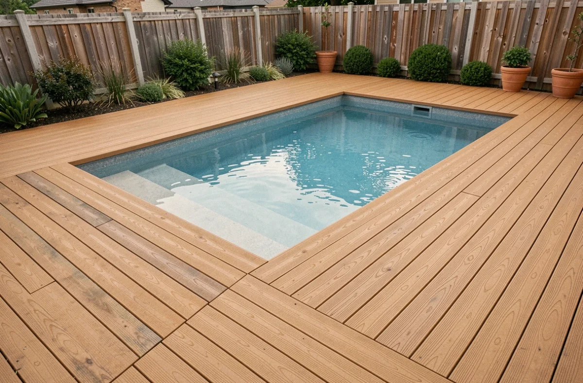 Plage de piscine en bois composite toffee entourant un bassin rectangulaire dans un jardin contemporain