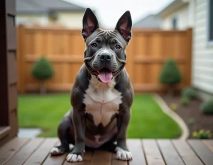 Pocket American Bully bleu bringé assis sur un porche en bois, race compacte et musclée à prix abordable