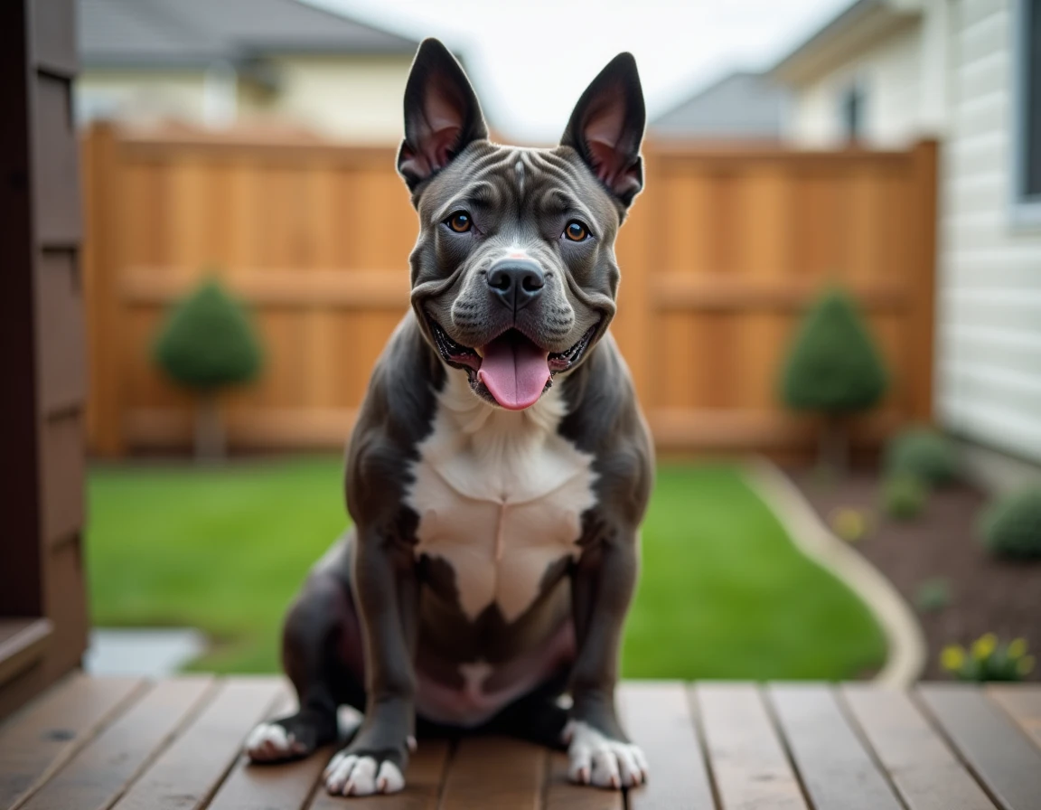 Pocket American Bully bleu bringé assis sur un porche en bois, race compacte et musclée à prix abordable