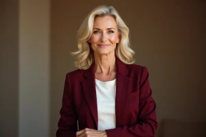 Portrait élégant d'une actrice américaine blonde dans la soixantaine, style éditorial professionnel