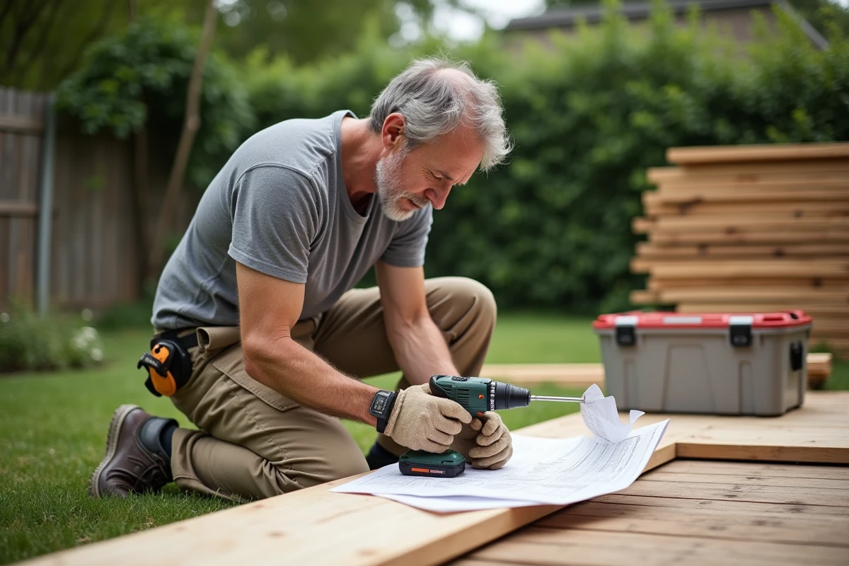 Homme utilisant une perceuse pour fixer une planche sur une terrasse extérieure