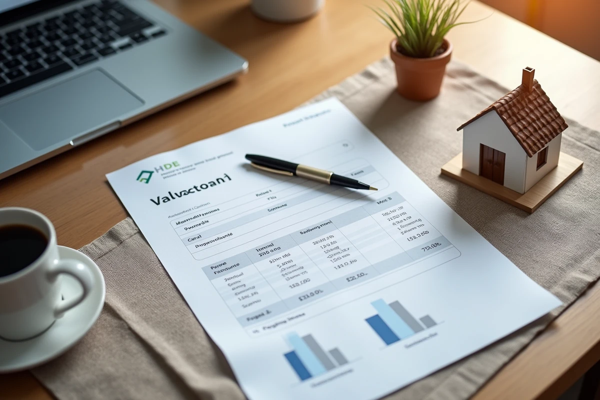 Vue aérienne d'un rapport d'estimation immobilière avec modèle de maison et ordinateur portable sur un bureau