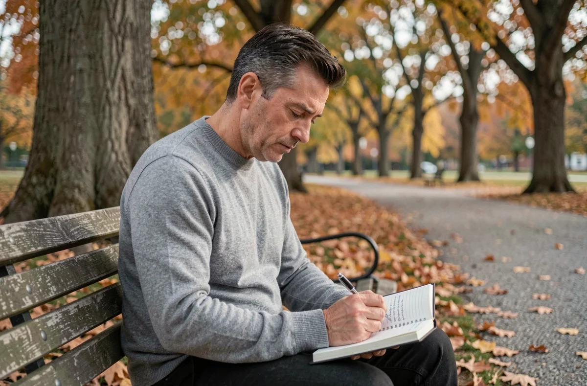 Un homme en pleine réflexion personnelle dans un parc automnal, évoquant l'introspection et la cultivation des valeurs individuelles pour le bien commun