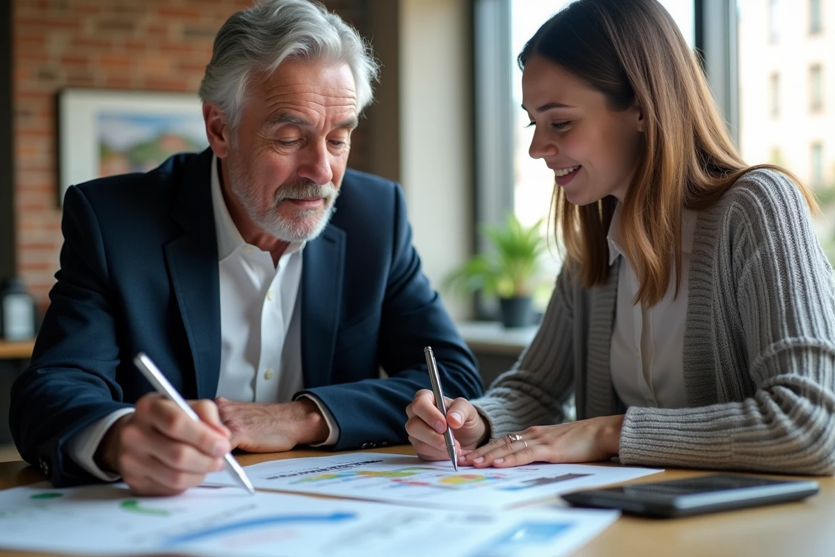 Famille discutant de projets immobiliers en agence