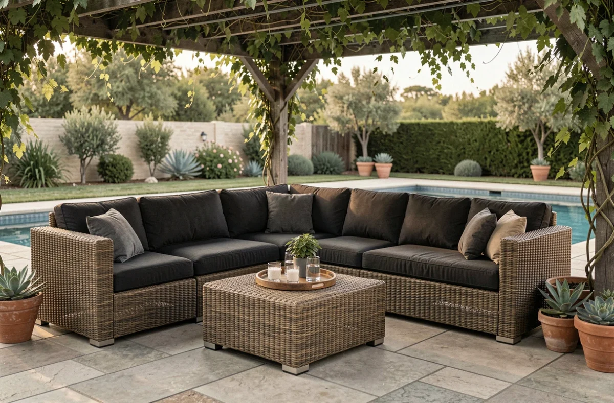 Salon d'angle en résine tressée avec coussins anthracite posé en bord de piscine sous une pergola