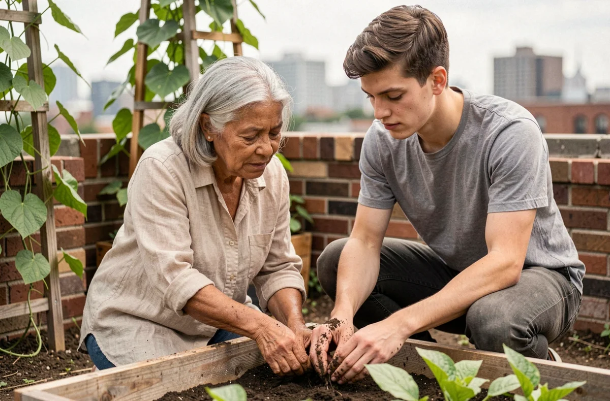 Une femme âgée et un jeune homme cultivent ensemble un jardin urbain, symbolisant la solidarité intergénérationnelle et le respect mutuel
