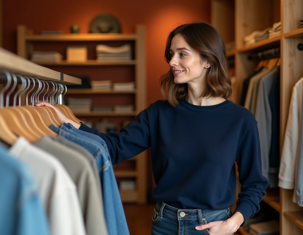 Femme en pull cachemire marine et jean droit faisant du shopping dans une boutique élégante, look décontracté inspiré de Jennifer Garner