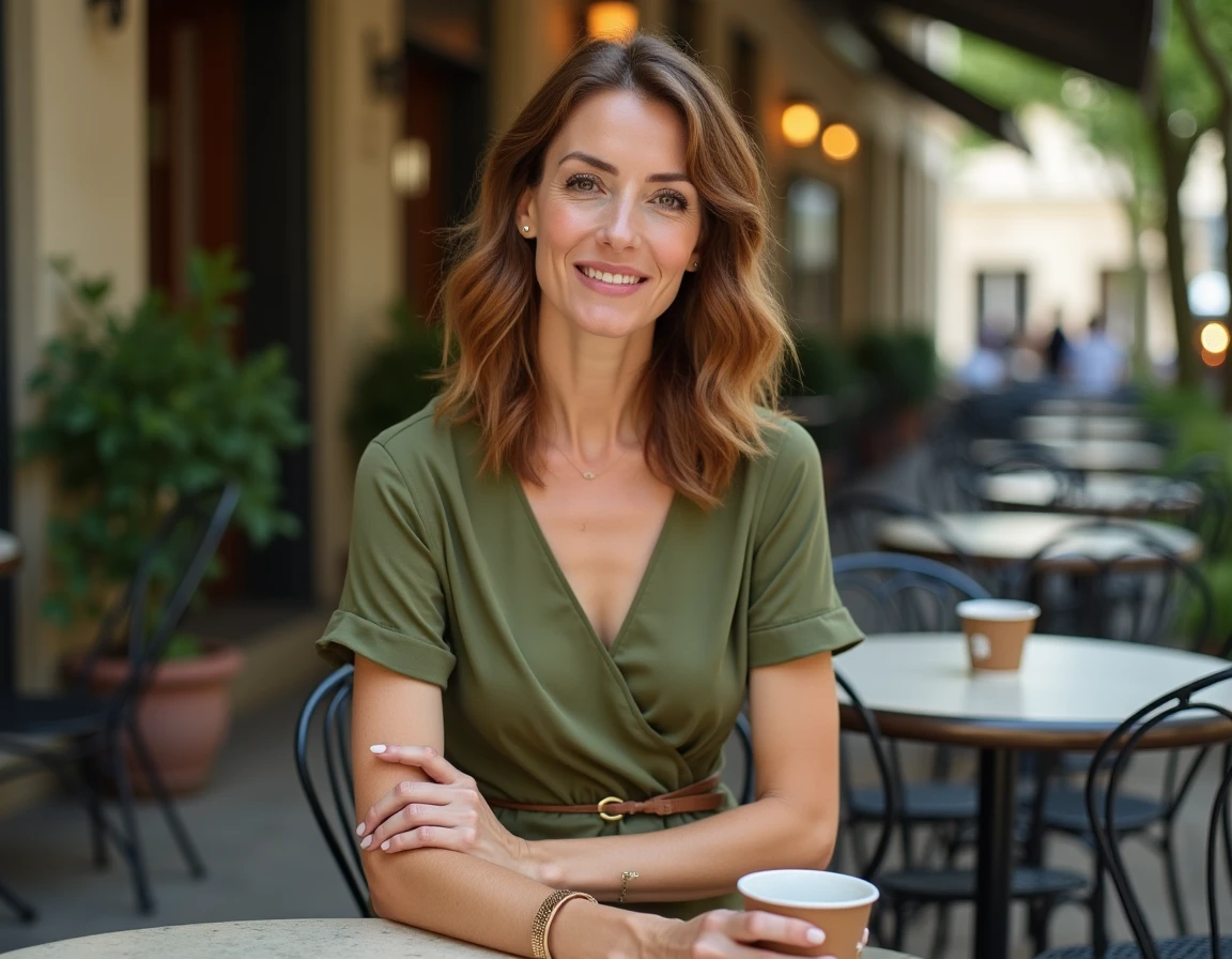Femme en robe portefeuille verte attablée en terrasse de café, style féminin et chic inspiré des tenues de Jennifer Garner