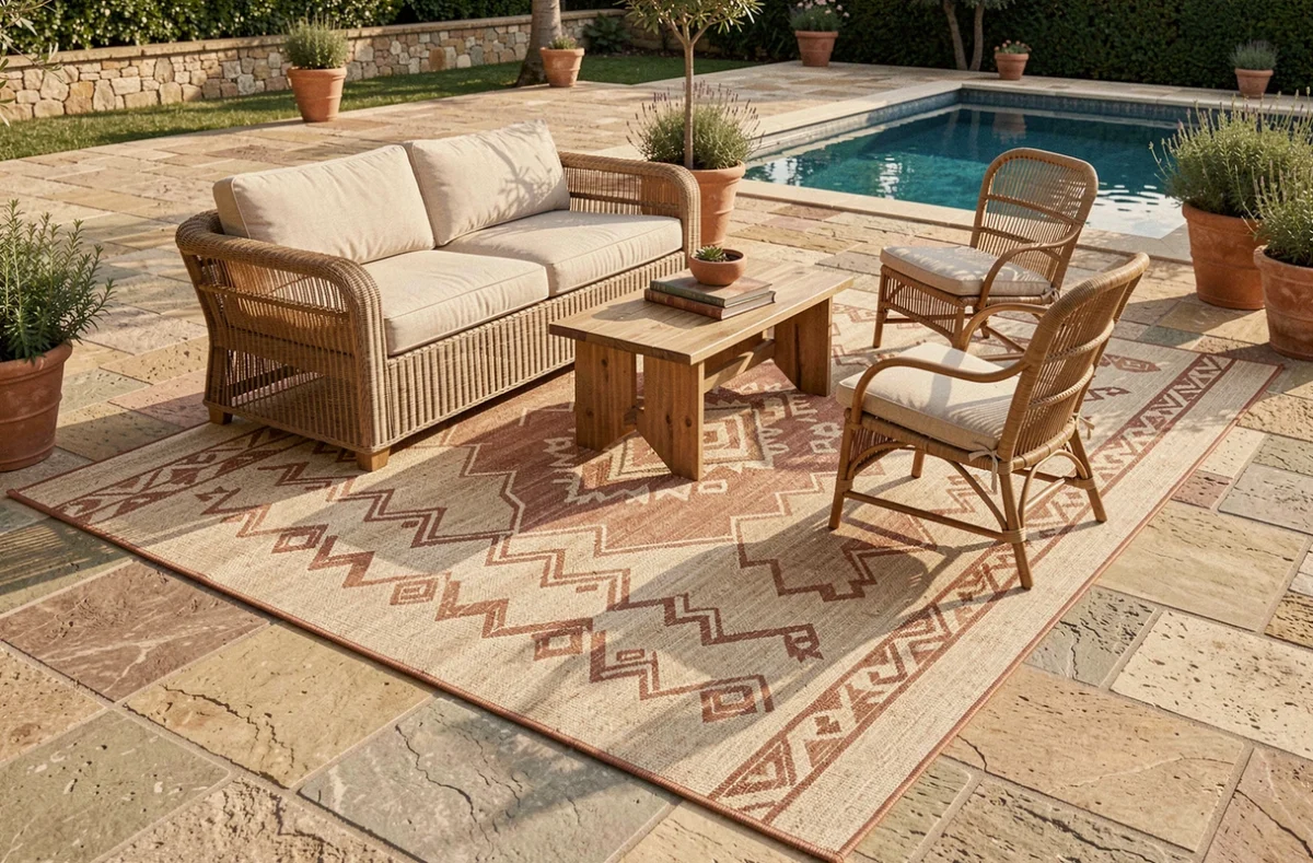 Tapis d'extérieur en polypropylène à motifs géométriques délimitant une zone salon en bord de piscine