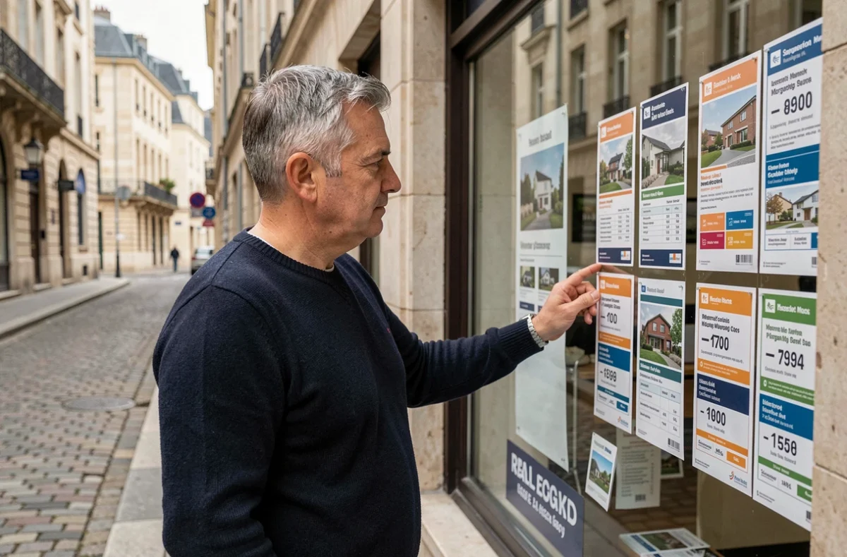 Un homme consulte les taux de crédit immobilier affichés en vitrine d'une agence immobilière