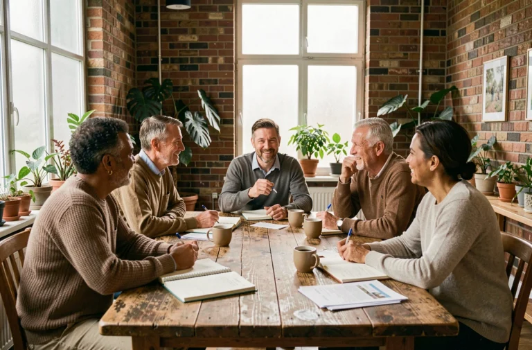 Groupe de personnes aux profils variés réunis autour d'une table en bois pour discuter des valeurs humaines et du vivre ensemble