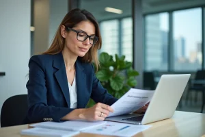Femme professionnelle vérifiant la légitimité d'une société sur un registre d'entreprises en ligne dans un bureau moderne