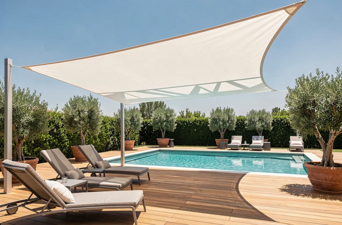 Voile d'ombrage triangulaire blanche tendue au-dessus d'une terrasse de piscine avec chaises longues