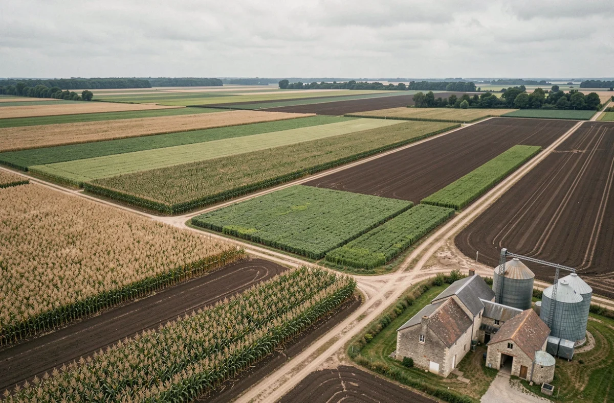 Vue aérienne d'une grande exploitation agricole française avec des parcelles de maïs, cultures et silos en zone rurale